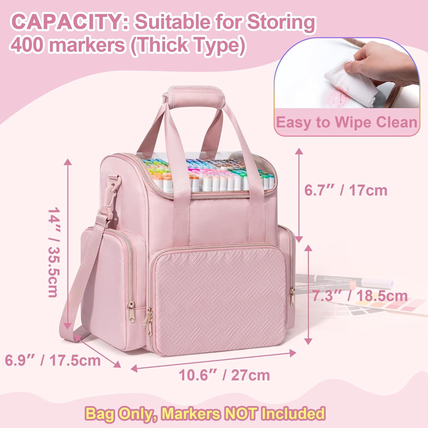 Double Layer Marker Organizer Bag for 400 Markers with Dividers and Pockets, Large Art Storage  for Coloring Supplies, Pink