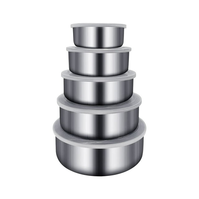 Amzcrzy Boîte de Conservation en Acier Inoxydable Cinq Pièces pour Maison et Cuisine avec Couvercle, Réfrigérateur Circulaire Scellé, Rangement de Conservation, Boîte de Conservation Ménagère un Bac à Légumes Essentiels pour Appartement
