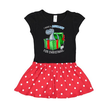 

Inktastic I Want a Dinosaur for Christmas in Green and Red Gift Box Gift Toddler Girl Dress