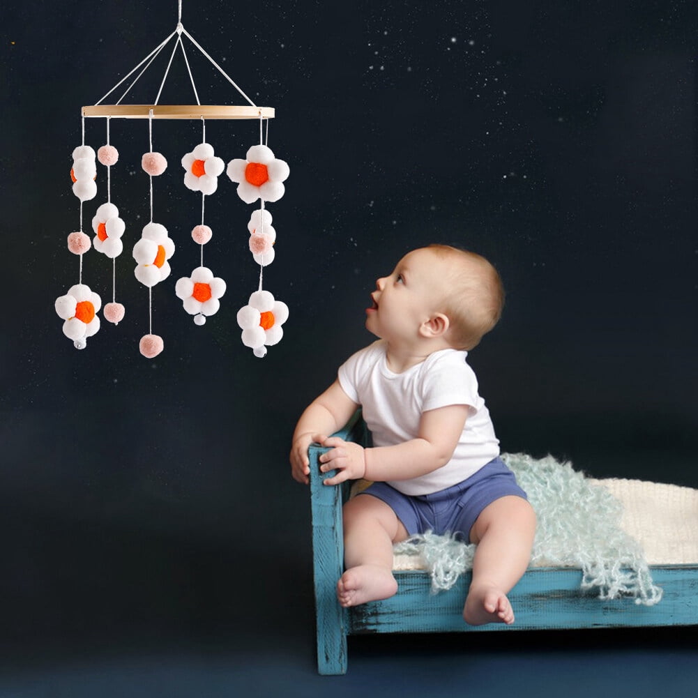 Baby Crib Wind Chimes – Cotton Flower Pendant Hanging Toy, Soothing Nursery Mobile for Newborns, Black