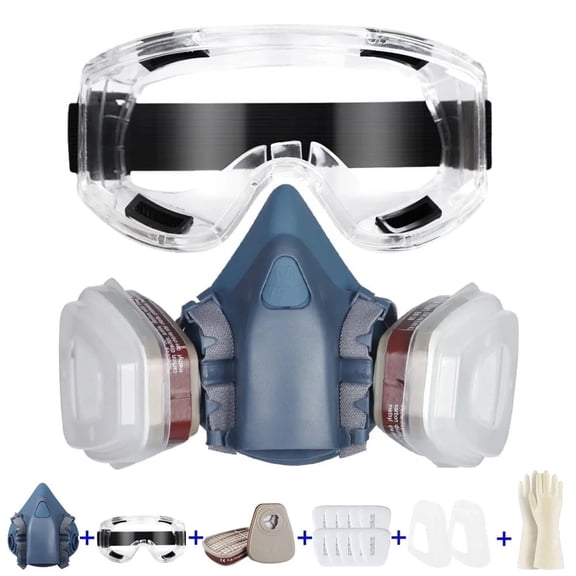 Respirator Mask Reusable Half Face Gas Cover/ Dual Airline Supplied Air Compatible, Shield with Safety Glasses, Filters for Painting, Welding, Polishing, Woodworking and Other Work Protection