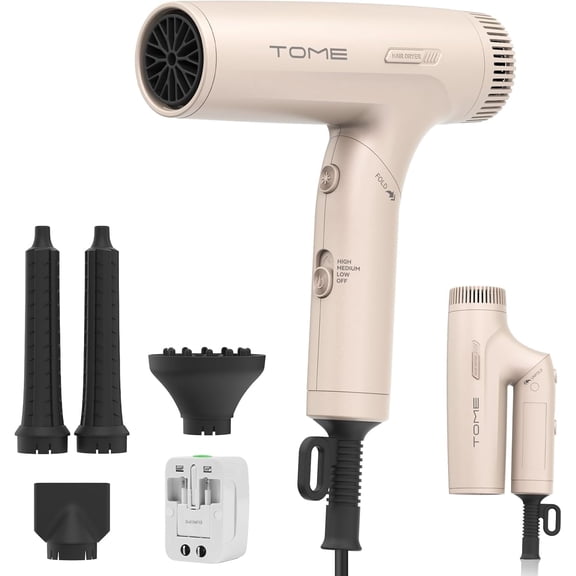 TOME Hair Dryer with Diffuser,Dual Voltage Travel Blow Dryer 1200W Air Curling Wands Nozzle with Universal Power Adapter
