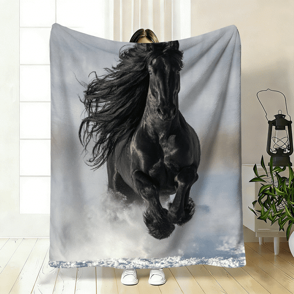 A Single-Sided Printed Blanket Featuring a Magnificent Black Friesian Horse in Motion, Perfect for Family Outings And Camping Trips, Model