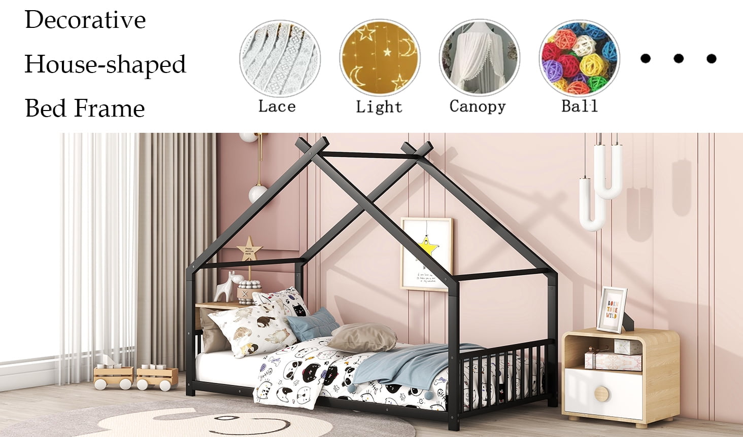 Bellemave Twin Metal House Bed with Headboard and Footboard Montessori House Bed, Metal Floor Bed Frame with Roof, No Box Spring Needed, Black