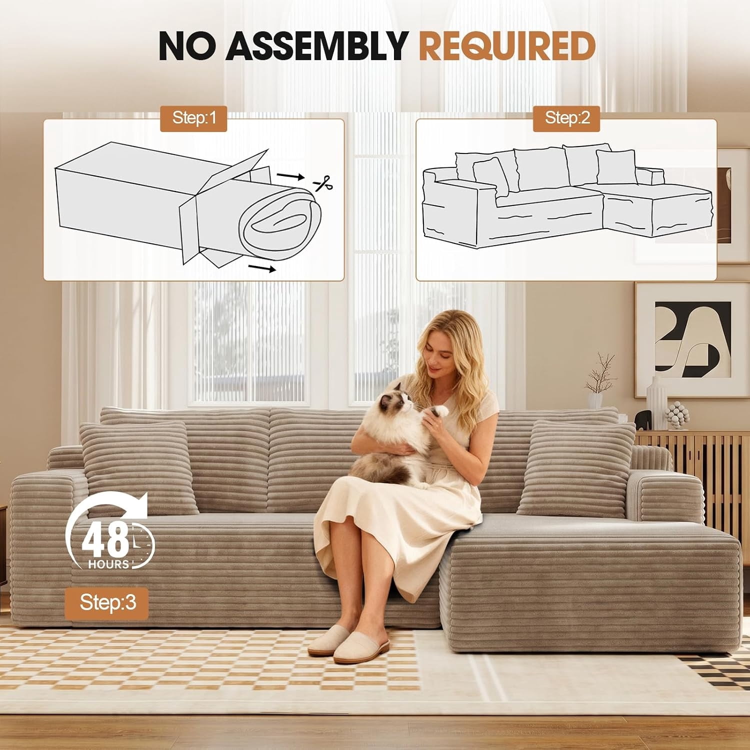 MOONMISS L-Shaped Cloud Sectional Couch with Chaise,Modern Corduroy Upholstered Modular Boneless Sofa,No Assembly for Living Room Apartment(Camel,Right)