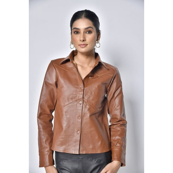 Ladies Leather Shirt in Cognac