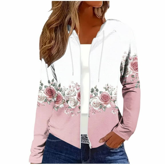 XUNKUSGA Women's Jackets Stylish Slim Fit Long Sleeve Floral Zip-Up Hooded Casual Autumn Loose Fit Trendy Fall Outfits For Women With Drawstring S-2XL