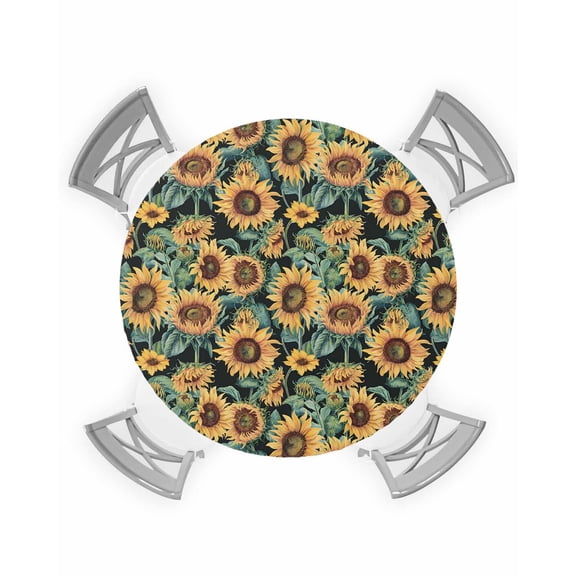 nqOlkjepod Vintage Sunflower Round Tablecloth, Fitted Table Cover with Elastic for 36"-44" Round Tables, Farmhouse Floral Botanical Black Table Cloth Outdoor Dinning Party Waterproof Tablecloths