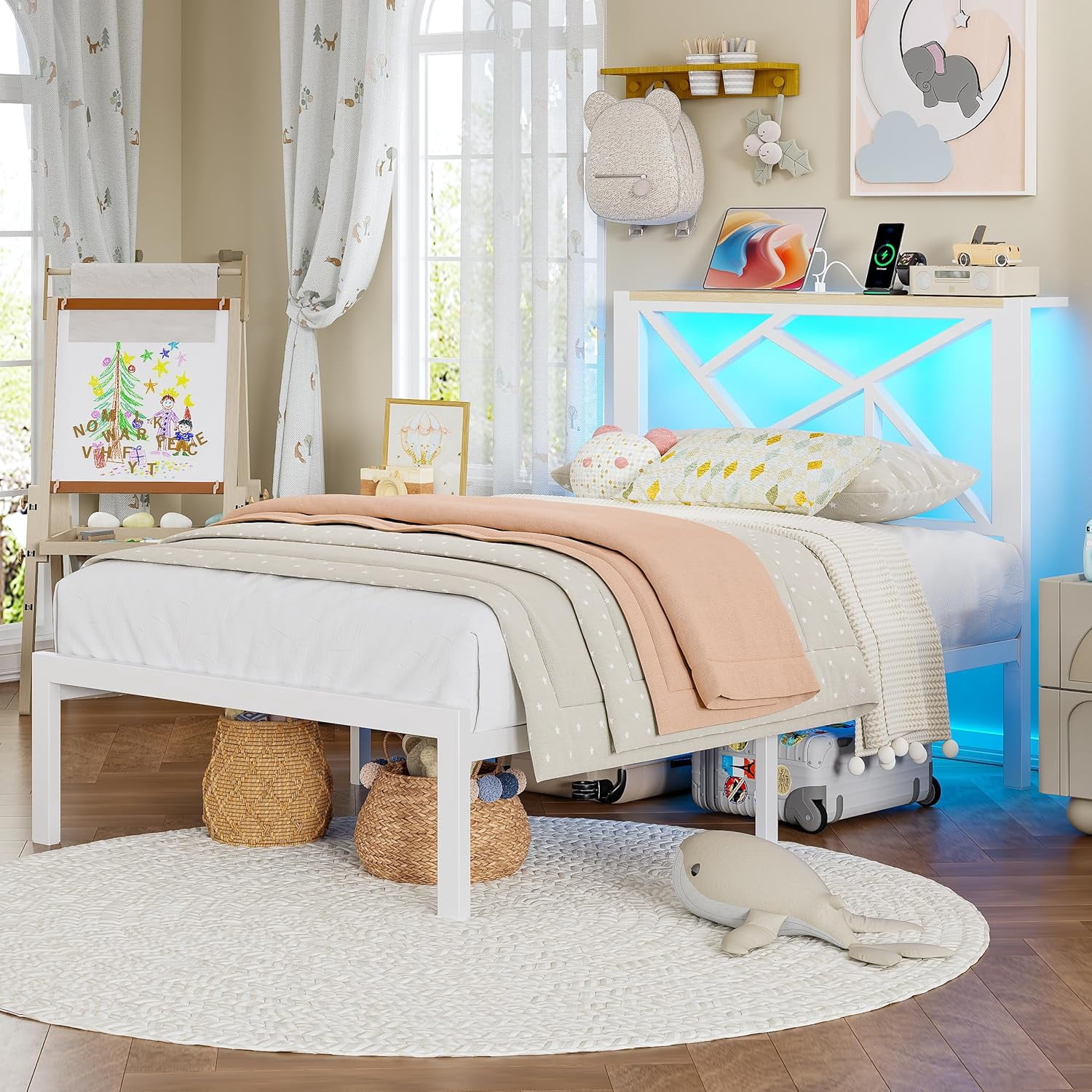 ChicZhiNest Twin Size Bed Frame with Wooden Storage Headboard & LED Lighting, USB Charging Station, Stable Metal Bed Frame, Noise Free Design, White