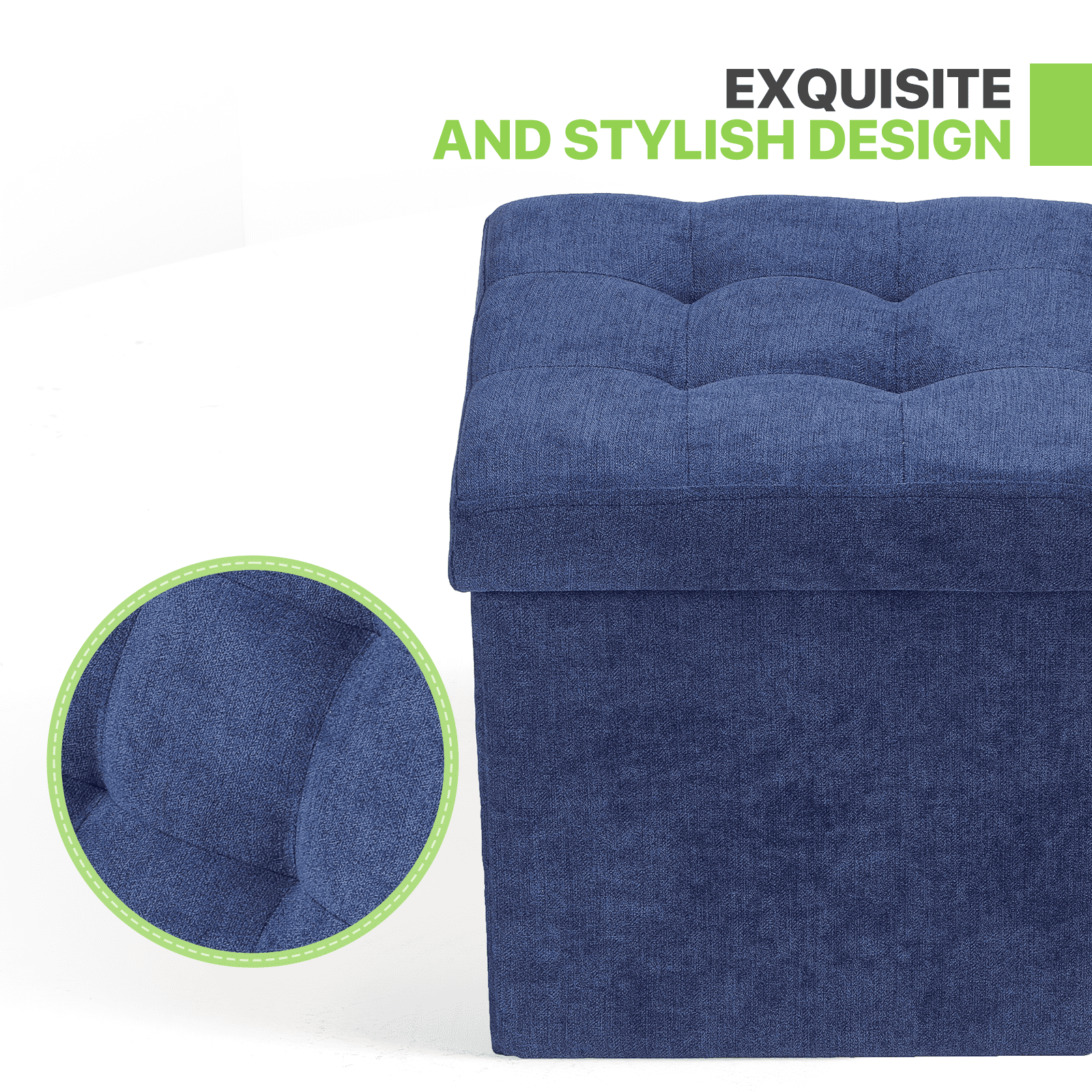 Magshion 15" Cube Folding Ottoman with Storage, Cotton-linen Collapsible Storage Ottoman Foot Stool, for Living Room Bedroom Entryway, Navy Blue