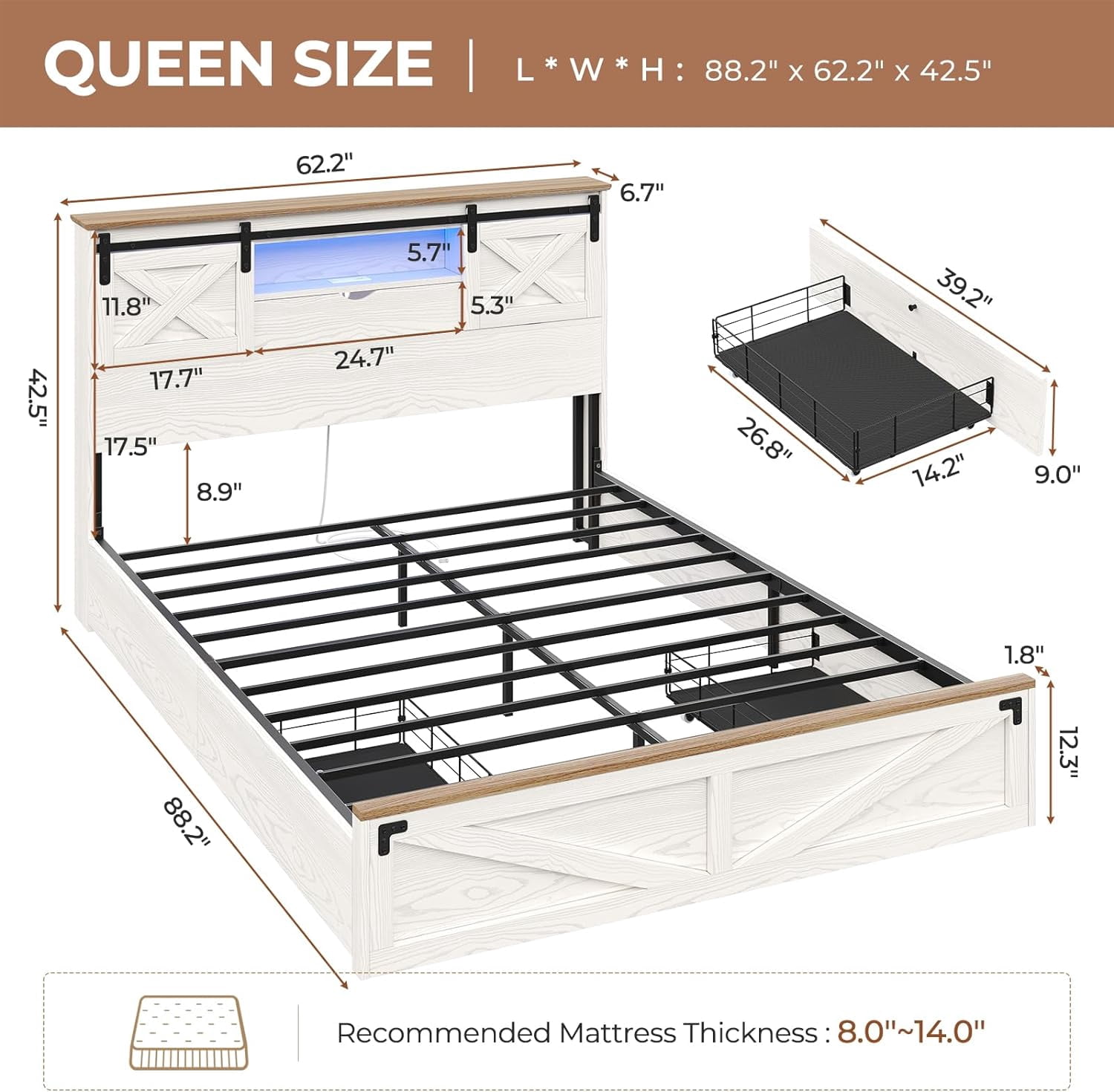 Queen Size Bed Frame with LED Lights and Charging Station, Farmhouse Storage Bed Frame with Headboard and Drawers, No Box Spring Needed, White