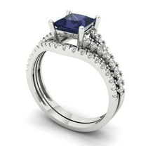 3.36 ct Brilliant Princess Cut Blue Sapphire 18K White Gold Solitaire with Accents Engagement Bridal Wedding Ring Band Set size 7.25