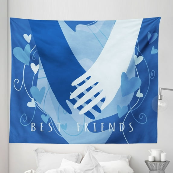 Love Tapestry, Best Friends Wording Friendship Concept Illustration Holding Hands Hearts, Fabric Wall Hanging Decor for Bedroom Living Room Dorm, 5 Sizes, Violet Blue Mint Green, by Ambesonne