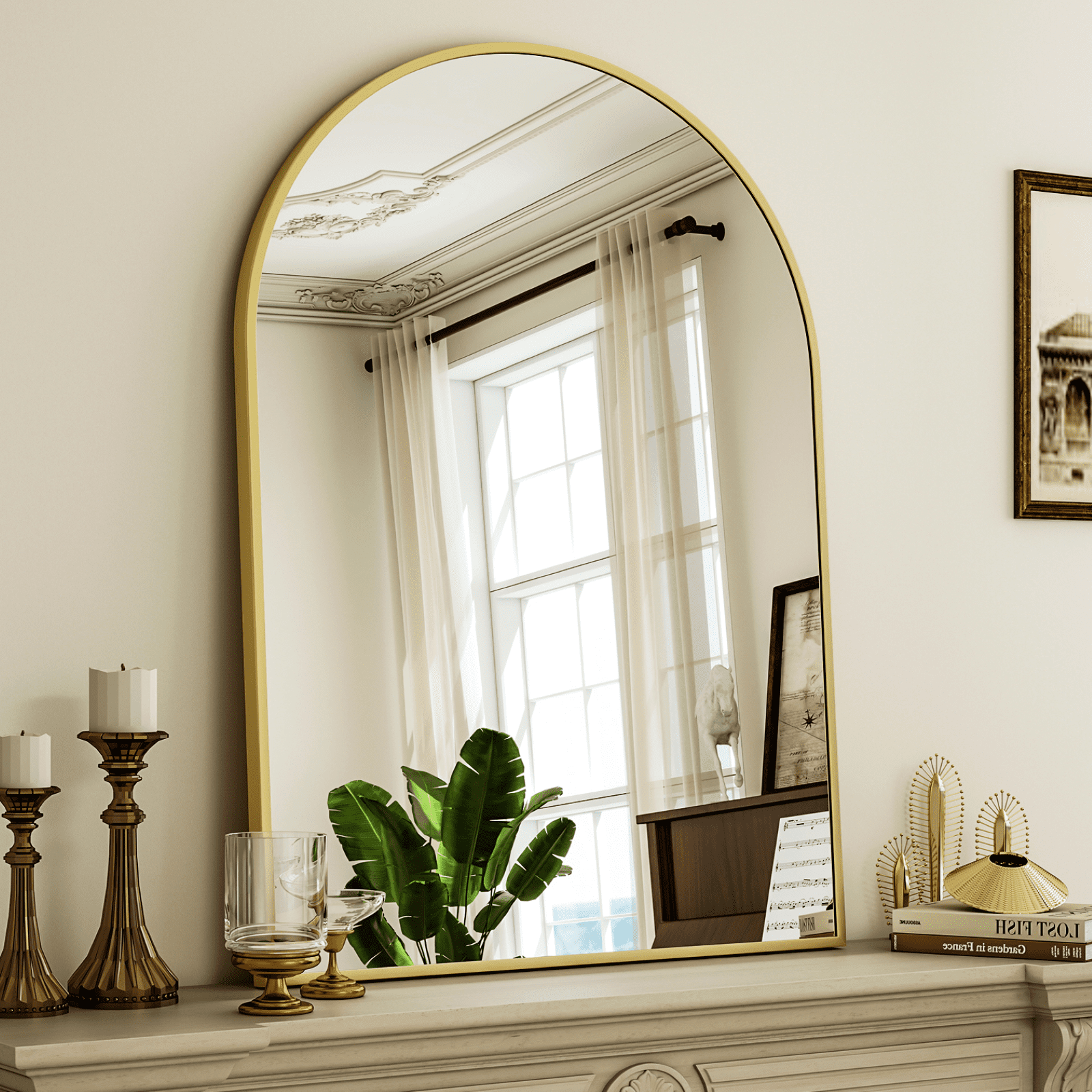 GRAHMCY 36"x24" Arched Bathroom Mirror Wall Mirror With Aluminum Alloy Frame, Gold