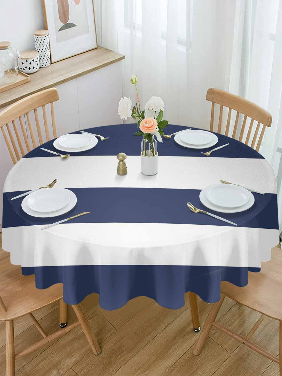 Round Tablecloth Coastal Nautical Striped Waterproof Oil Proof Polyester Table Cloth Cover Decor for Home Dining Outdoor,Patio,Parties, 60" Dia. Navy Blue White