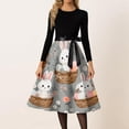 thumbnail image 2 of LWavelet Women's Long Sleeve Fit-and-Flare Dress, Floral Bunny & Carrot Patchwork Print with Satin Bow Belt for Casual & Easter Outfits Gray 4XL, 2 of 4