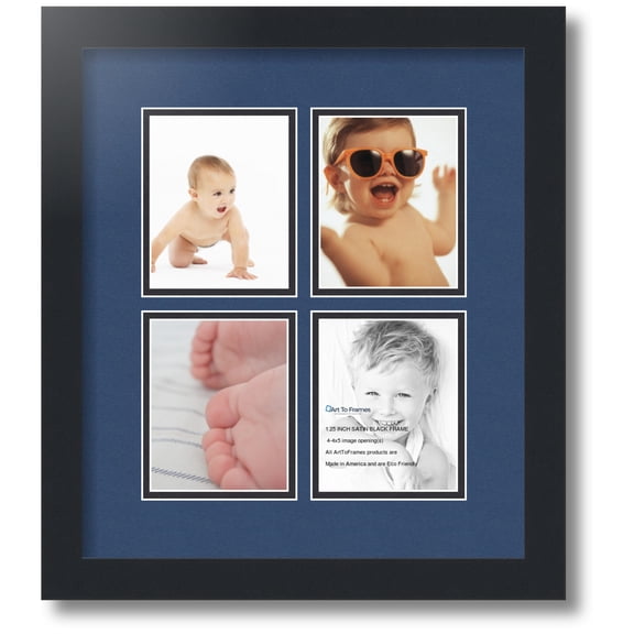 ArtToFrames Collage Photo Picture Frame with 4 - 3x5" Openings, Framed in Black with Delft Blue and Black Mats (CDM-3926-13)