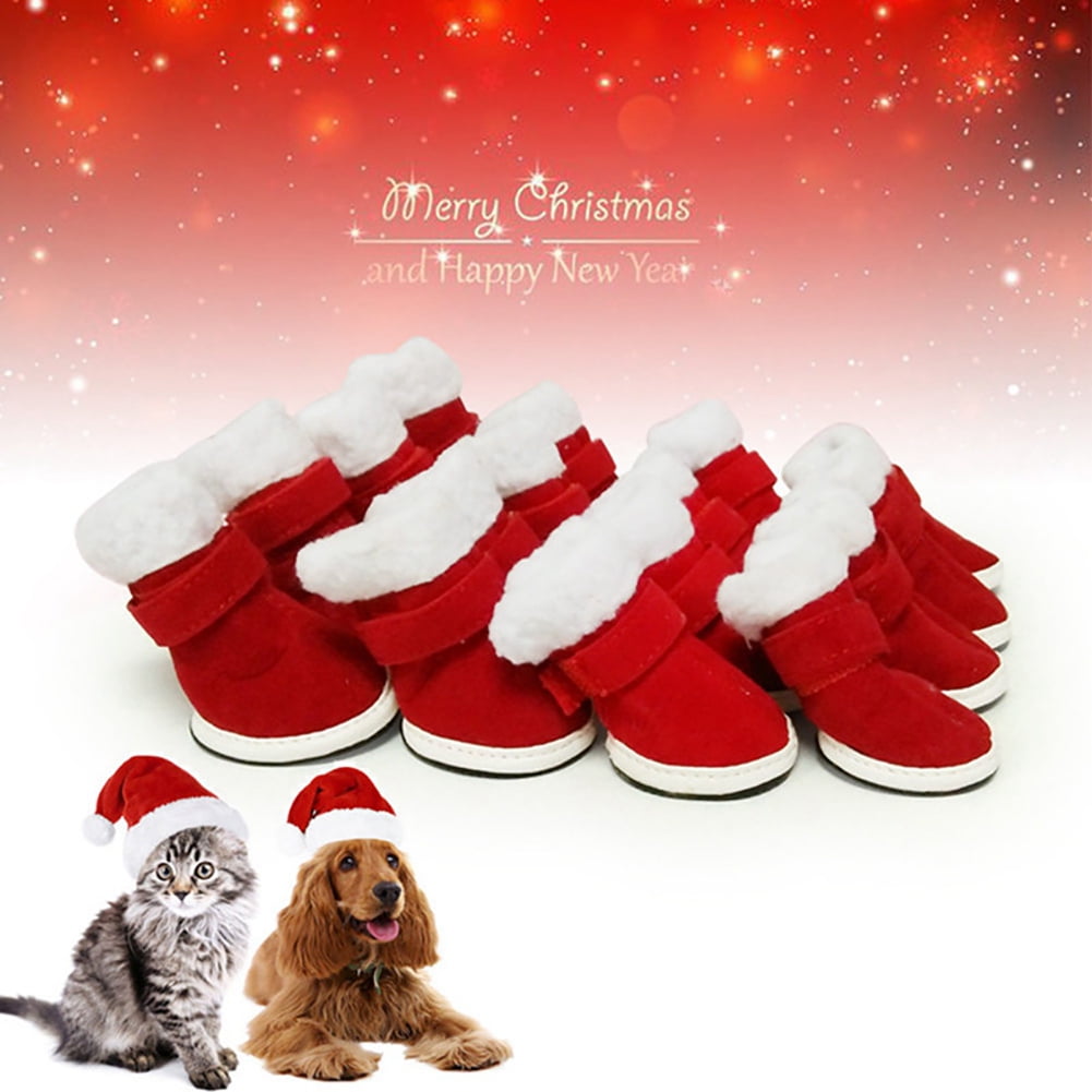 Leadingstar 4pcs Set Winter Warm Christmas Red Boots Pet Dog Cat Shoes Red S