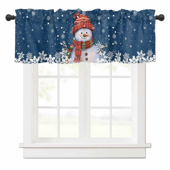 Christmas Valances for Windows Snowman with Cap Xmas Snowflake Navy Blue Rod Pocket Curtain Valance Window Treatment Short Curtains for Kitchen Living Room, 42"x12"