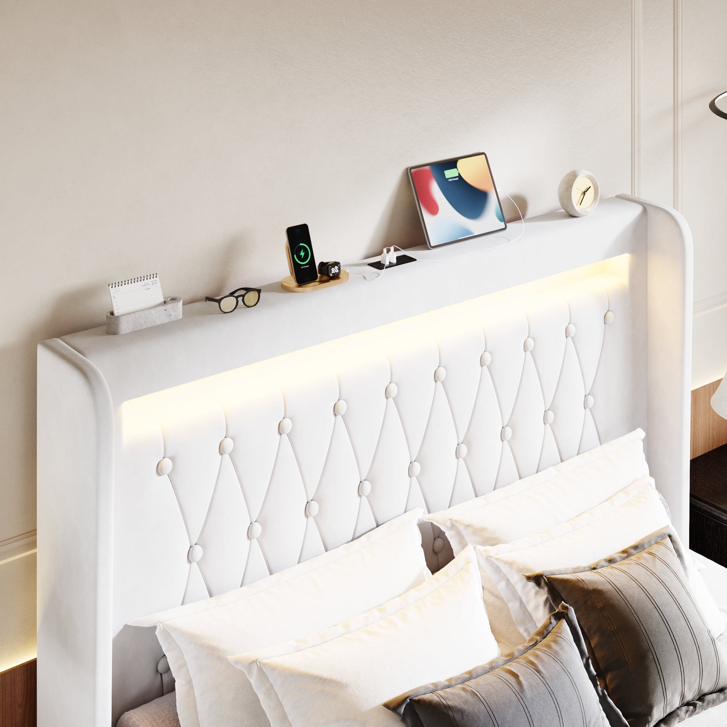Amolife Queen Size LED Bed Frame, Upholstered Velvet Platfrom Bed with Charging Station, High Wingback Headboard & 2 Lights, No Box Spring Needed, 900 LBS Capacity, White