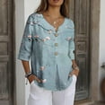 thumbnail image 6 of LEKWK Womens Summer Linen Top Bird Floral Print Trendy Tops 3/4 Sleeve Going Out Tops V Neck Button Decor Art Style Vacation Wear, 6 of 7