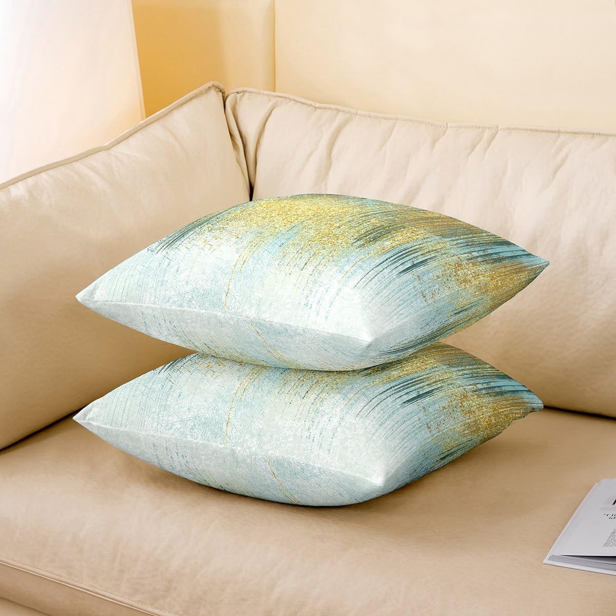 Green Teal Golden Reversible Throw Pillow Covers 20 x 20-Inch Kids Stripes Pillow Covers Home Decor for Boys Geometric Abstract Art Square Cushion Covers Set of 4 Modern Art
