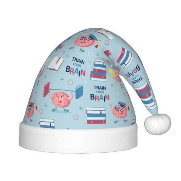 Fuzoiu Brain Training Print Santa Hat Christmas Hat for kids,Santa Hats with Pompom, Unisex Xmas Holiday Hat for Christmas New Year Festive Party Supplies