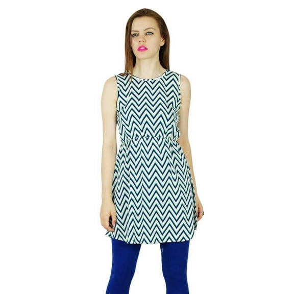 Bimba Women Short Tunic Polyester Crepe Chic Kurta Kurti Sleeveless Dress Blue