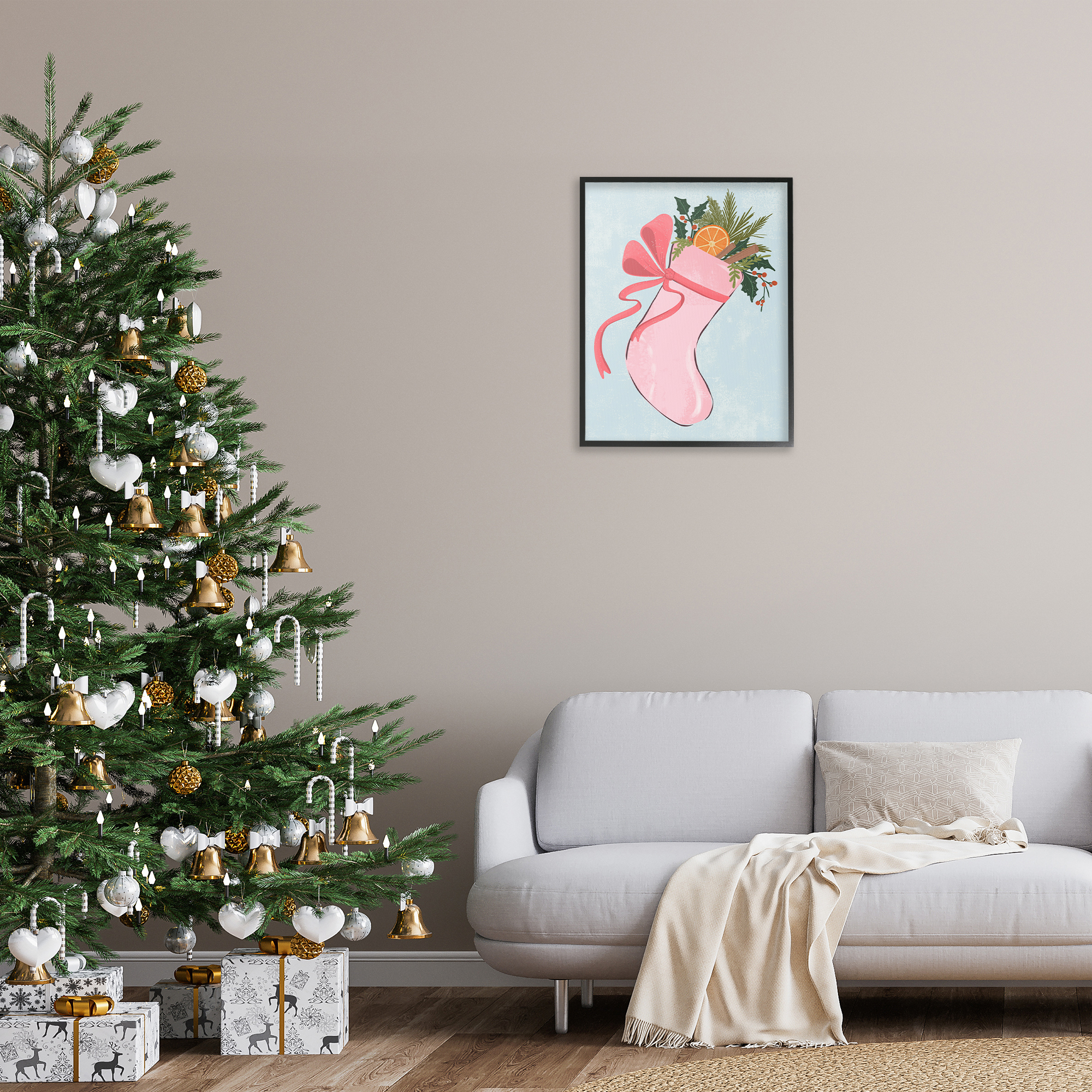 Stupell Industries Pink Filled Holiday Stocking Holiday Painting Black Framed Art Prints Wall Art, 24 x 30
