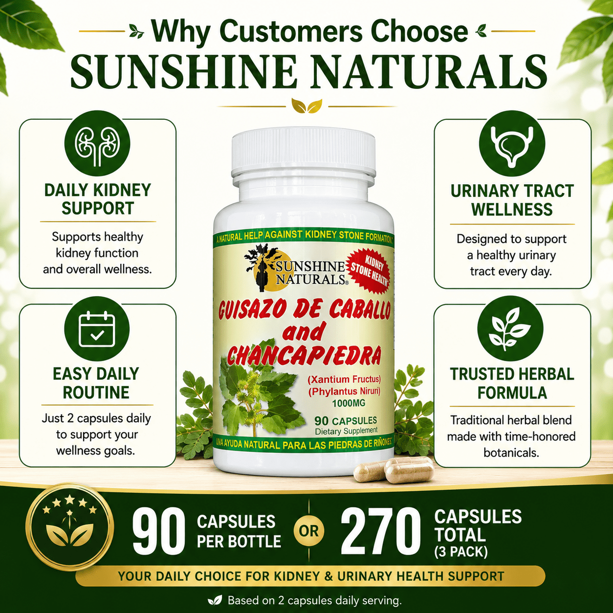 Sunshine Naturals Guisazo de Caballo and Chancapiedra, Kidney Stone Breaker, Dietary Supplements, 90 Capsules