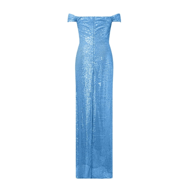 Women's Casual Flowy Maxi Dress Off the Shoulder Split Elegant Sequin Dress Party Evening Banquet Long Bodycon Prom Gown Trendy Summer Beach Dresses Blue S-XL