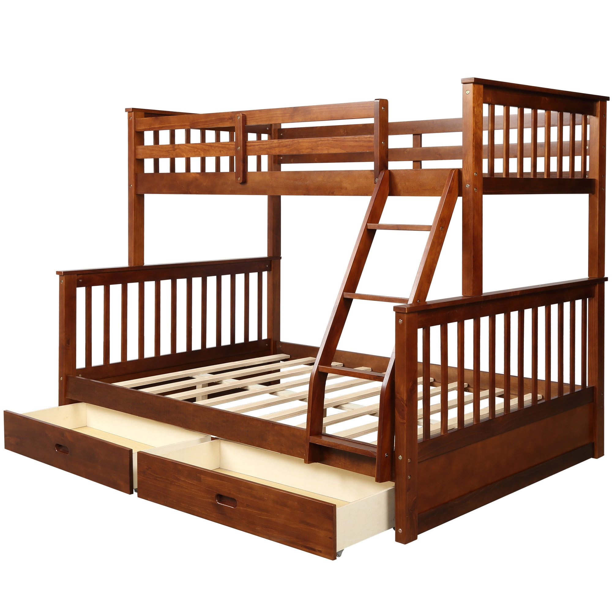 Kepooman Twin-Over-Full Wood Bunk Bed with 2 Storage Drawers & Ladder for Dorm, 79.53"L x 58.27"W x 66.54"H, Walnut Kepooman Twin-Over-Full Wood Bunk Bed with 2 Storage Drawers & Ladder for Dorm, 79.53"L x 58.27"W x 66.54"H, Walnut