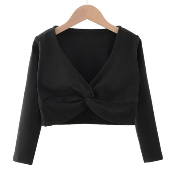 Cropped Tops for Girls Long Sleeve V Neck T Shirts Size 3-15 Teens Trendy Solid Color Stretchy Slim Pullover Warm Ballet Dance Workout Blouses