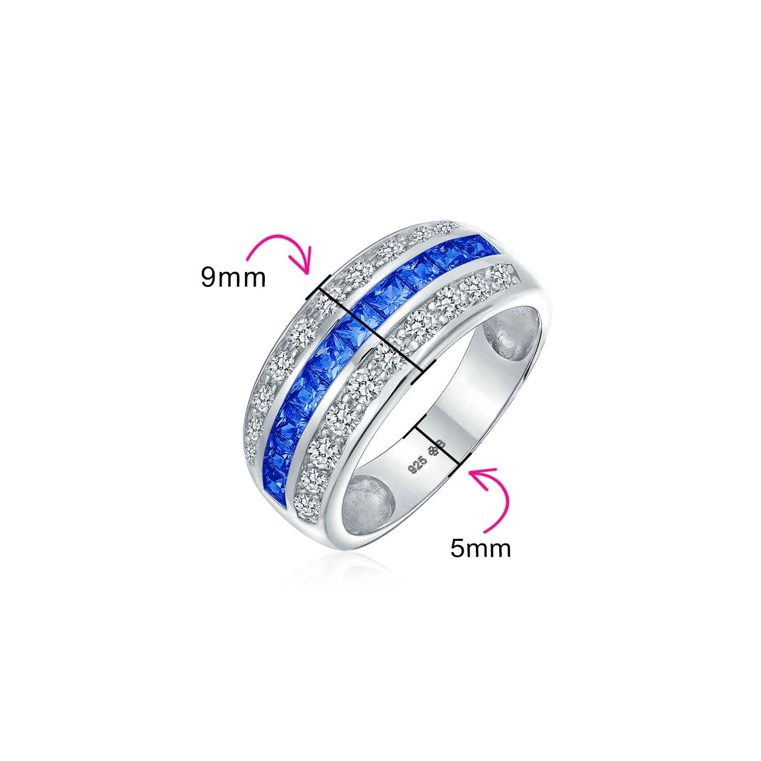 Art Deco Pink Blue Clear AAA Cubic Zirconia Half Eternity Channel Set Princess Cut CZ Dome 3 Row Wide Statement Wedding Band Ring For Women .925 Sterling Silver Comfort Fit 8MM