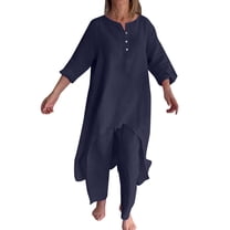 CILENON 2 Piece Sets for Women Solid Color Cotton Linen Pant Sets Casual Long Sleeve Button T Shirt Loose Wide Leg Pants Set Fall Outfits (Navy Blue,L)