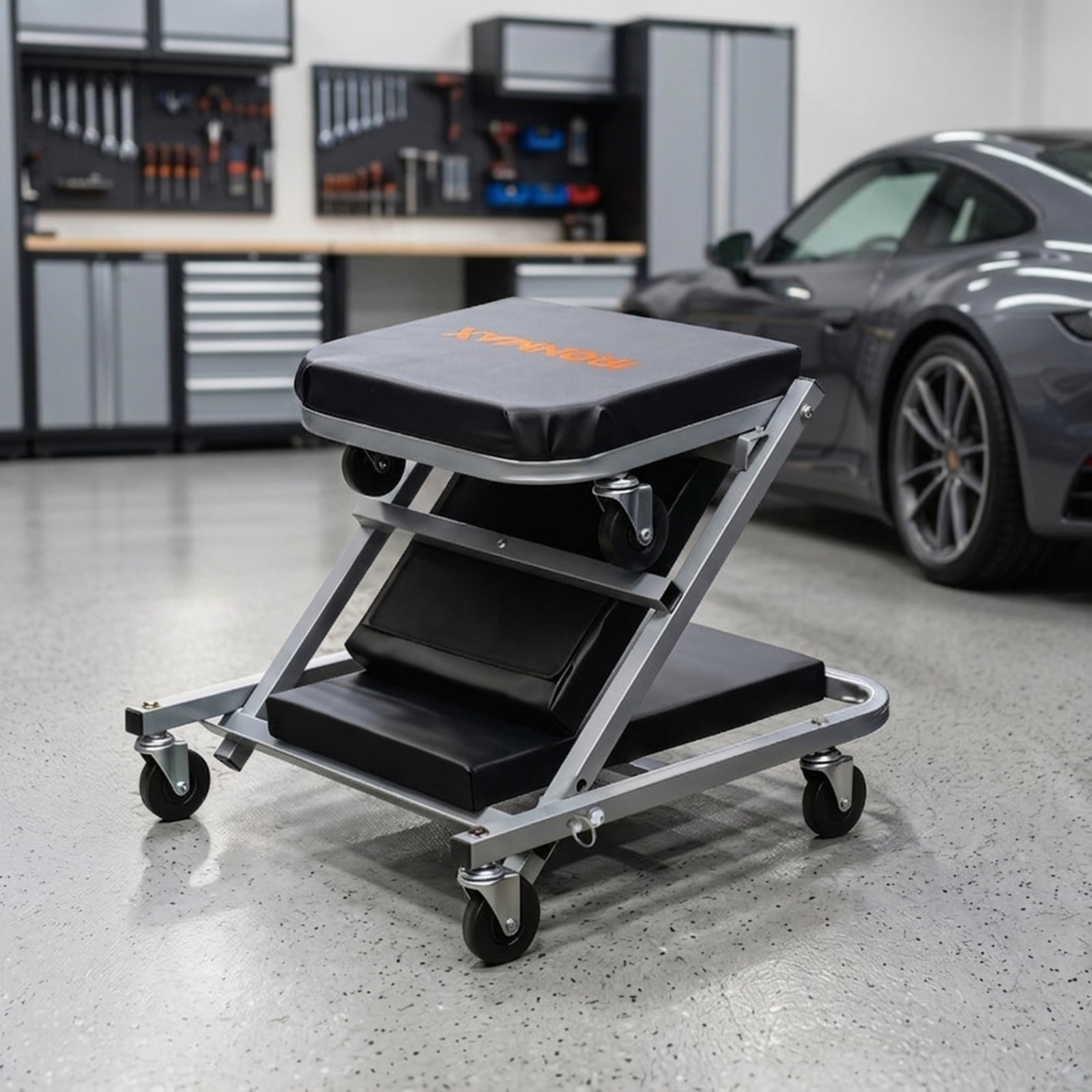 Biotree 40" 2-in-1 Mechanic Creeper and Z-Seat 330 LBS, Foldable Garage Creeper Stool with 6 Swivel Casters and Faux Leather Padding, Black and Gray