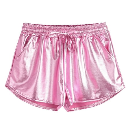 

Charella Women Faux Leather Sexy Leggings Shiny Metallic Pants Costume High Waist Pants Stretchy Nightclub Short Yoga Pants Pink S