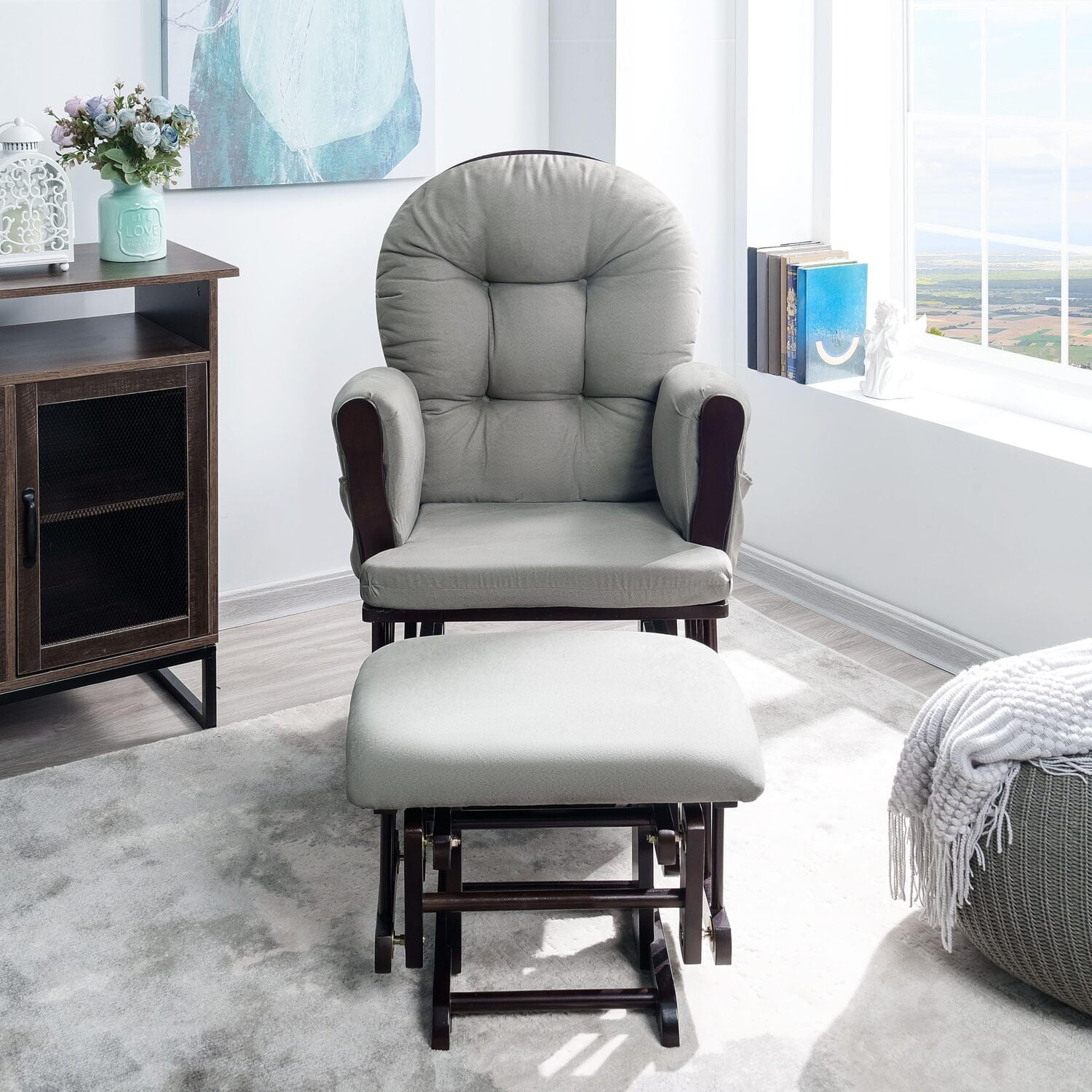 Brisbane Nursery Glider & Ottoman Set - Reclining Glider Rocker Chair for Breastfeeding, Maternity, & Comfort, White,Gray-Cushion Color:Dark Gray,Finish:Espresso