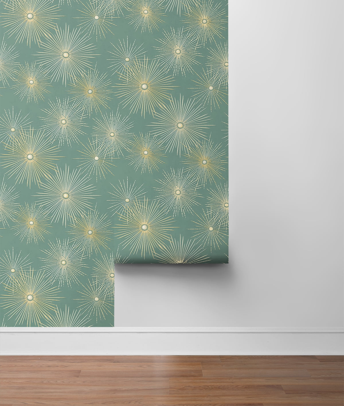 NextWall Teal & Metallic Gold Starburst Geo Peel and Stick Wallpaper