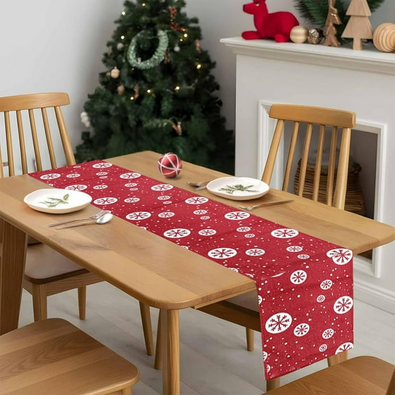 KOYPTL Christmas Table Runner 55 Inches Long,Seasonal Winter Snowflake Red Merry Christmas Theme Xmas Coffee Table Center Decor for Party Home Decor Christmas Decorations Indoor