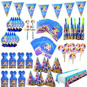 Angle View: Crafplay Baby Shark Party Supplies Set 92pcs Shark Baby Birthday Themed Decorations Included Cake Topper Candy Boxes Blowing Dragon Invitation Card Banner Table Cloth Whistle Hat (Multicolored)