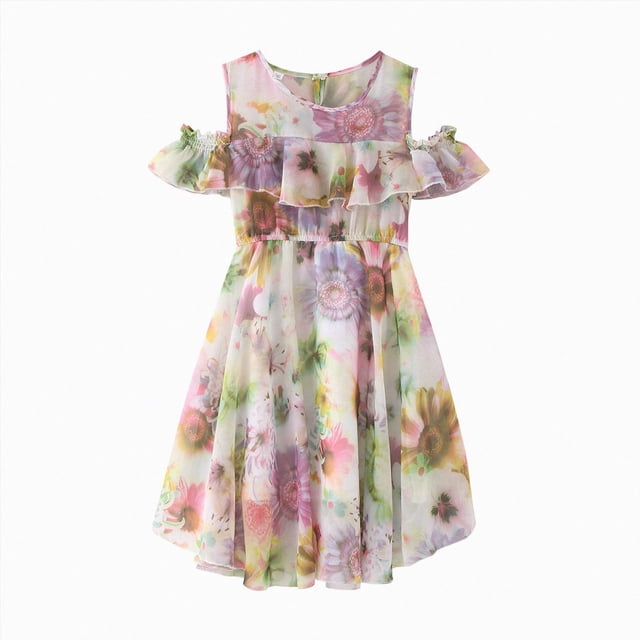 Zanarzt Robe Soleil Robe Décontractée pour Fille Été Col Rond Manches Courtes Fluide Imprimé Floral Uni Robe d'Été Robes d'Été, Violet, 5-6 Ans