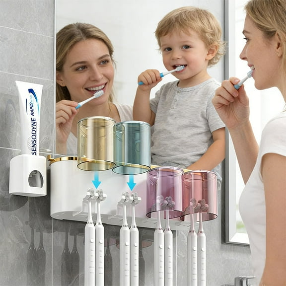 Multifunctional Wall Mount Toothbrush Holder Rack Organizer Automatic Toothpaste Dispenser Squeezer with Magnetic Cups 5 Toothbrush Slots Accessory Storage