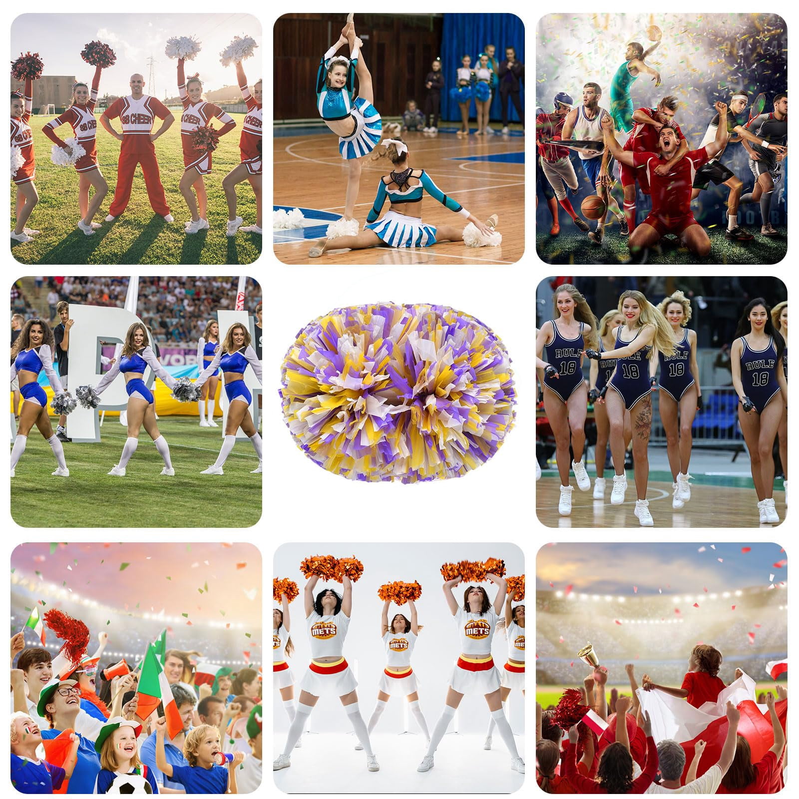 Cheer Pom Poms 12 Pcs with Handle, Cheerleading Handheld Squad Pompoms for Sports Team Cheer Spirit Games Dance Party Adults