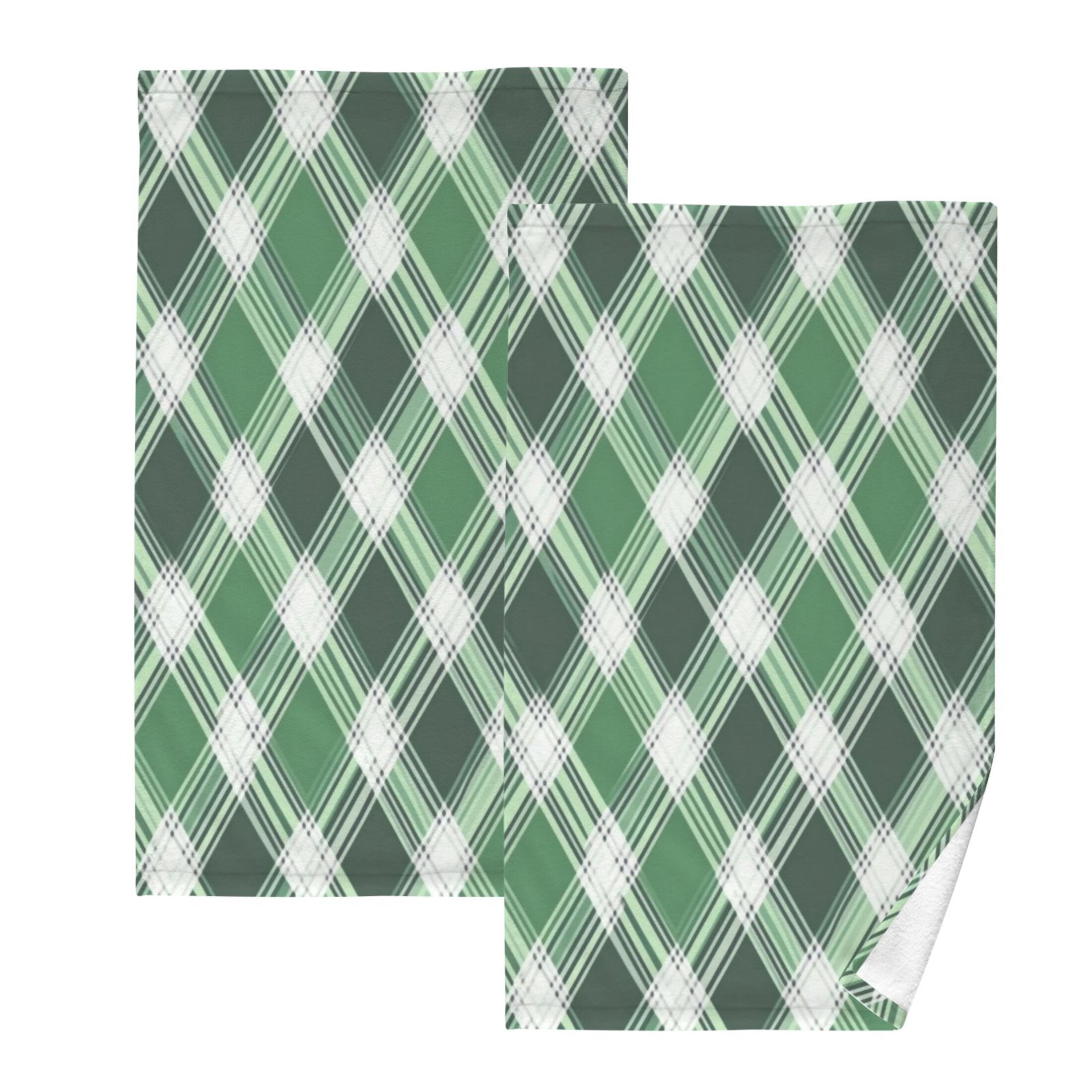 2 Pcs Absorbent Face Towel Bath Hand Towels Soft Breathable Cotton Towel Set for Bathroom Kitchen Hotel Spa Decor Green Plaid