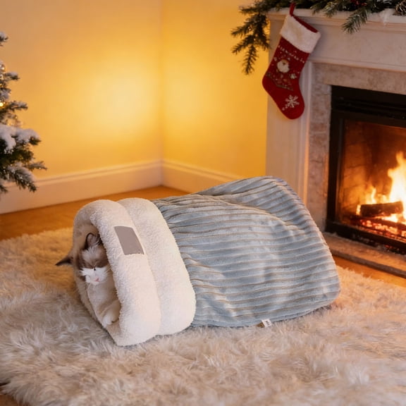 Pet Sleeping Bag for Cats, Warm Lamb Wool Cave Bed | Large Enclosed Nidus Design with Adjustable Entrance, Soft Gray Plush, 21.2x17.7in Cozy Indoor Hideout for All Cat Sizes