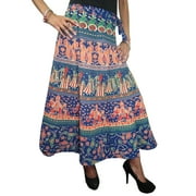Mogul Women's Wrap Skirt Blue Printed Cotton Wraparound Indian Long Skirts