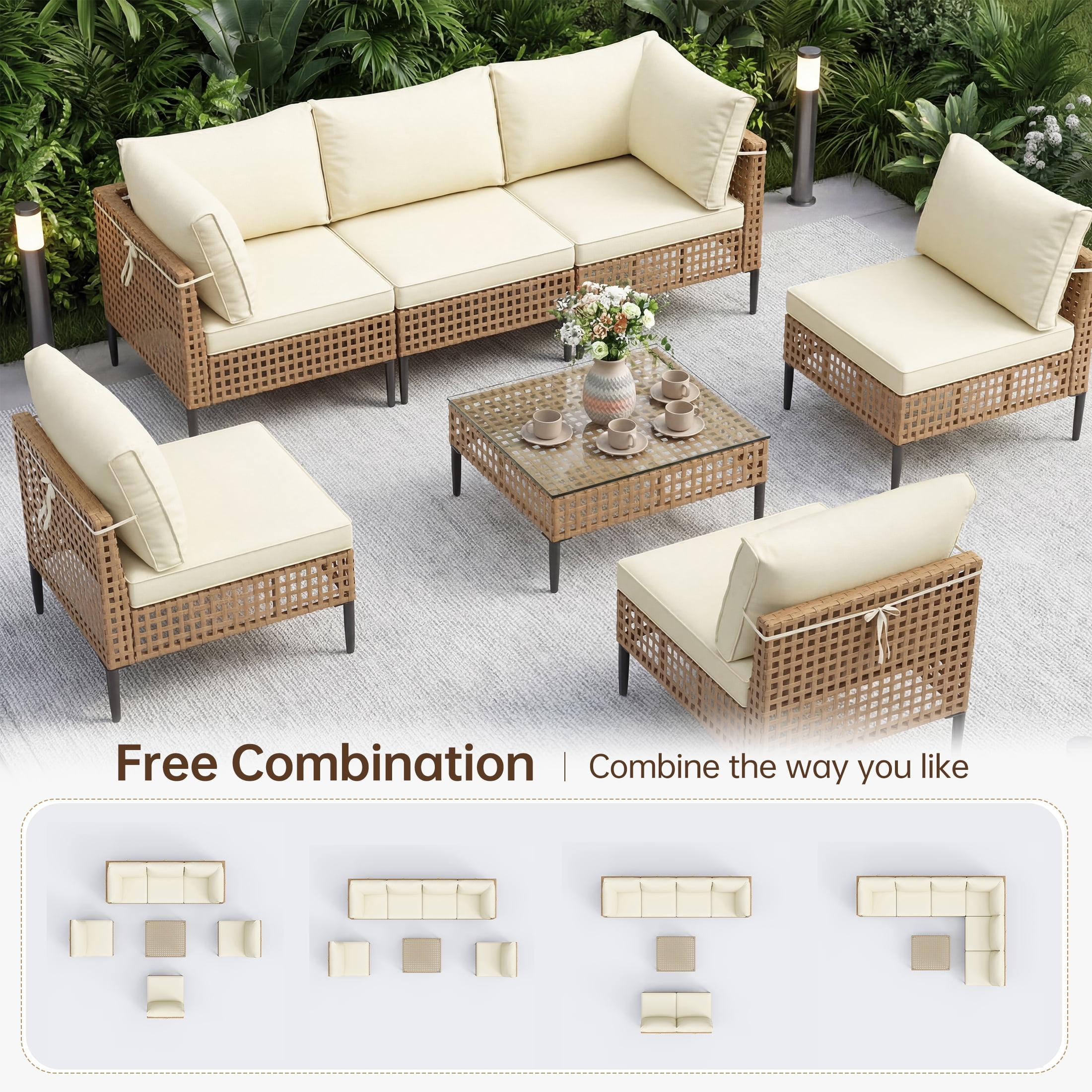 UDPATIO 7 Piece Wicker Patio Furniture Set, Outdoor Conversation Set， Sectional Sofa with Glass Coffee Table， Outdoor Sofa for Porch, Backyard, Yellow&Beige