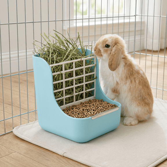 Rabbit Hay Feeder Guinea Pig Feeder, 2 in 1 Automatic Small Animal Food Bowl Feeding Cage Accessories 5.91''L x 6.69''W x 4.33''H