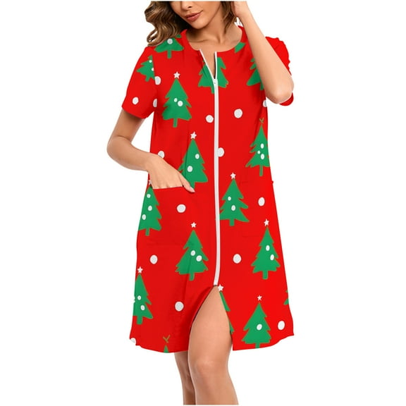Women's Christmas Pajamas Dress Short Sleeve Crewneck Printed Home Pjs Skirt with Pockets Multicolor M